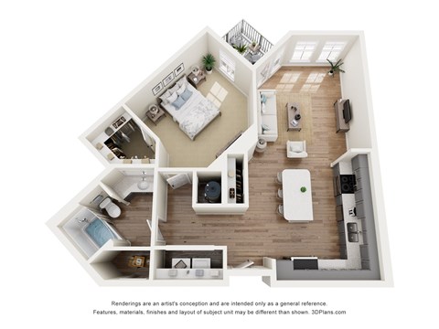 A 3D floor plan of a house with a kitchen, living room, and bedrooms.